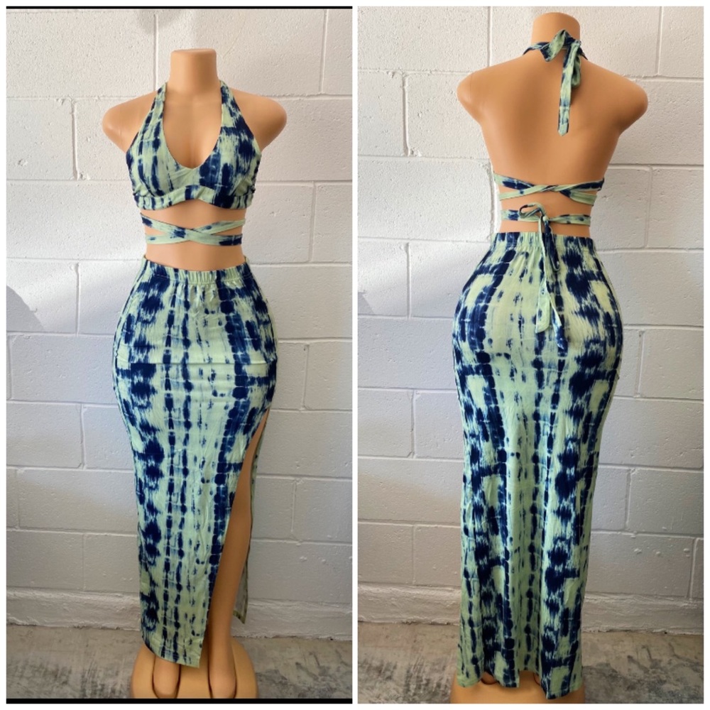 Tie Dye Halter Top And Split Thigh Skirt Set